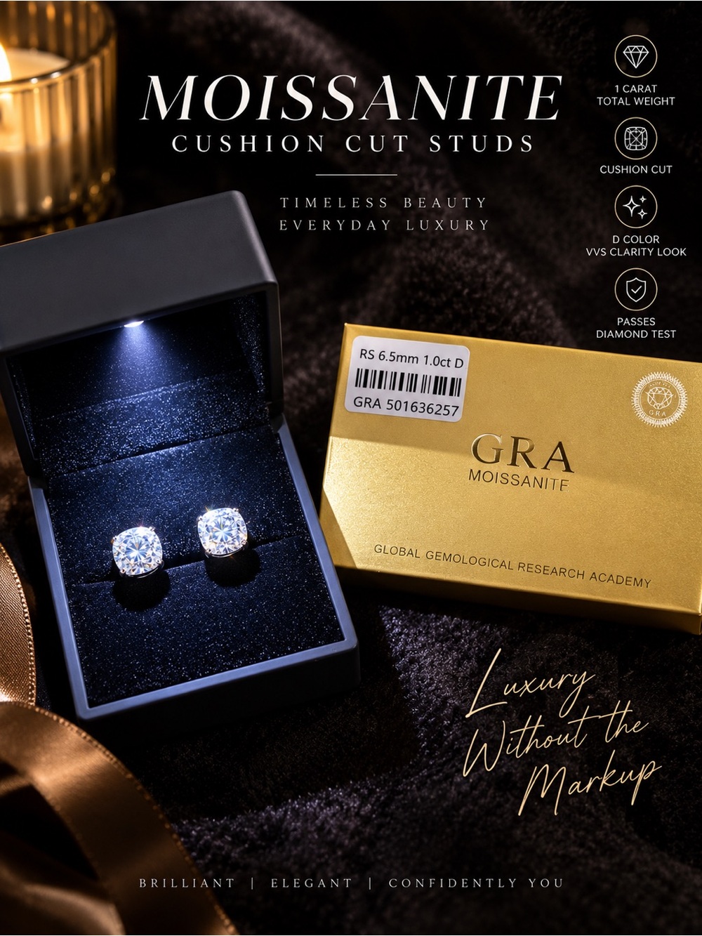 1ct Cushion Stud Moissanite Earrings
